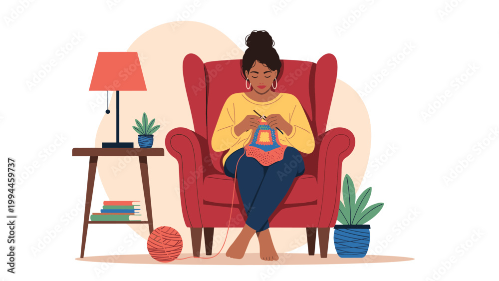 Fototapeta premium Woman sitting comfortably in a large red armchair at home, focused on knitting a colorful woolen garment next to a warm floor lamp.