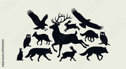 Silhouettes of various wild forest animals.