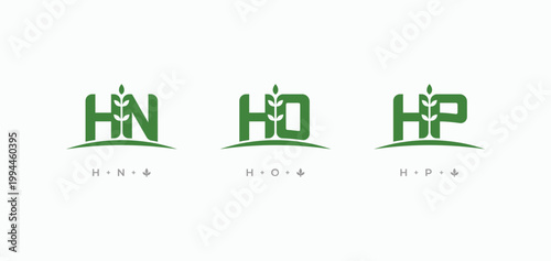 Set of initials letter HN, HO, and HP with grow plant logo design. HN, HO, HP monogram nature leaf logo collections