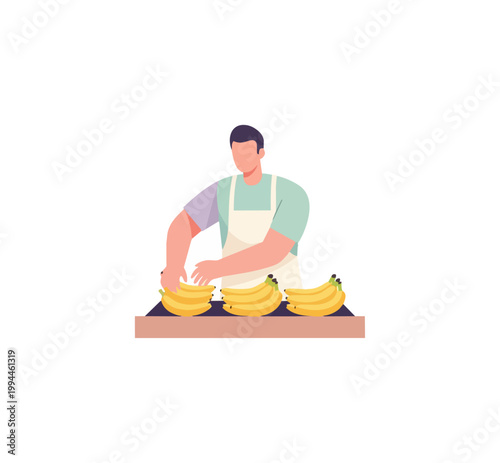 Illustration of a person arranging ripe bananas on a wooden surface