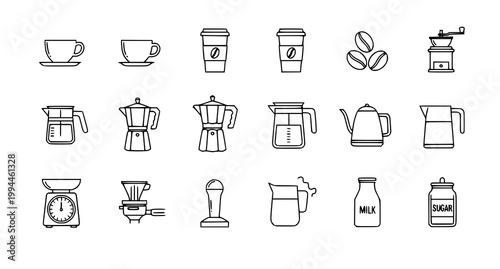Coffee and accessories outline icon set with clean thin line style in organized grid isolated on white background