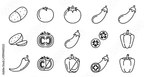 Nightshade vegetables outline icon set with potato tomato eggplant and sliced variants in clean grid isolated on white