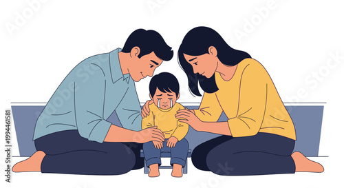 Concerned parents comforting crying child illustration parenting family concept