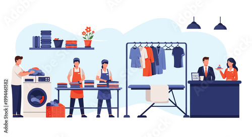 Professional laundry service interior with staff washing clothes and serving customers at a reception desk in a clean office.