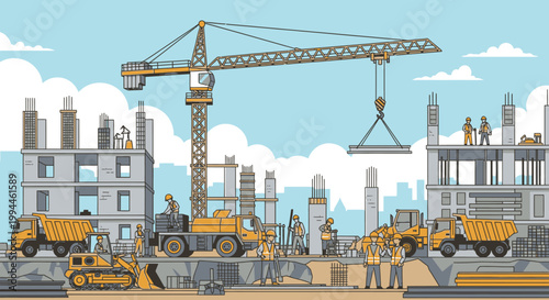 Construction site illustration with crane workers and machinery in progress