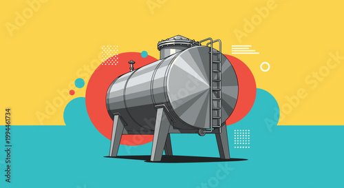 Large stainless steel industrial storage tank with a ladder and safety railings on a vibrant yellow and teal background.