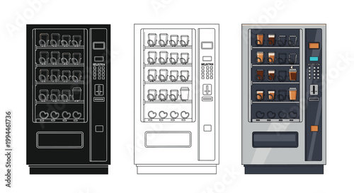 Trio of coffee vending machines presented in black and white line art and full color versions for product comparison.