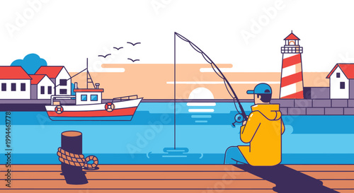 Fisherman fishing by the sea with boat lighthouse and sunset illustration