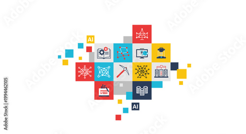 Abstract composition of colorful square icons representing AI, machine learning, data mining, and digital communication.