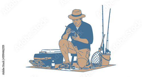 Man preparing fishing gear outdoors with rods and tackle box vector illustration