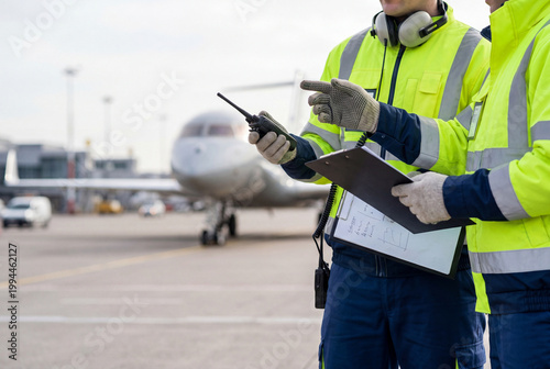 Airport ground crew coordinating aircraft operations on apron