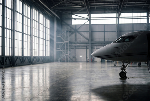Private jet in aircraft hangar with dramatic light and copy space