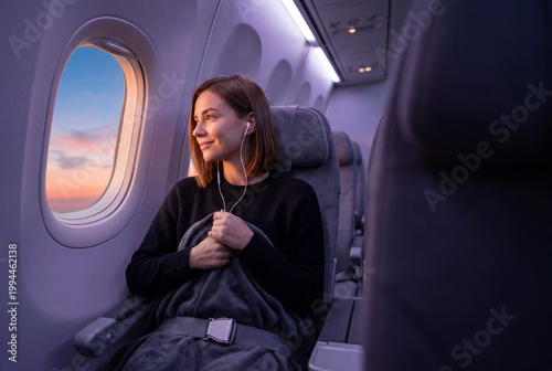 Young woman enjoying sunset view from airplane window seat with earphones