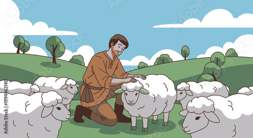 Man tending flock of sheep in a green pasture under a blue sky