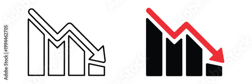 Business graph icon showing decline trend, downward arrow symbol, crisis analytics, bar chart decrease, financial loss concept