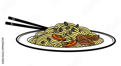 Illustrated plate of noodles with chopsticks isolated on white background