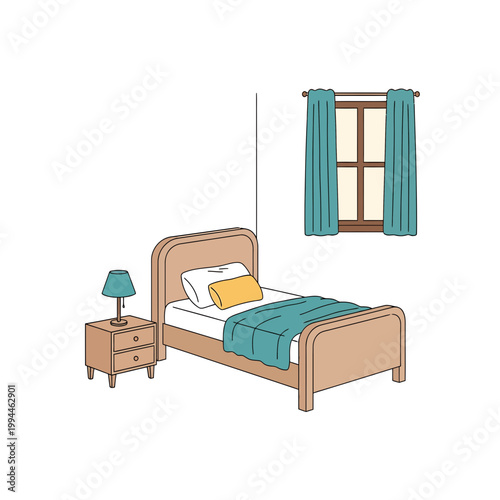 Minimalist bedroom illustration with single bed and nightstand