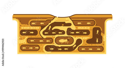 Cross section illustration of an ant colony with workers and structure