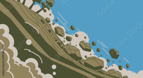 Cartoon illustration of a landslide with debris and sky background