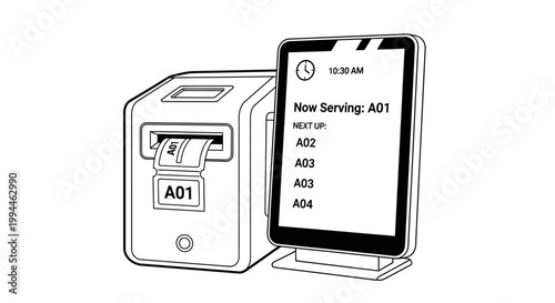 Ticket dispenser machine with a digital queue display shows a current serving number and a list of upcoming appointments for customers waiting in a service office environment to receive assistance.