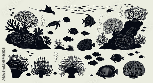 Black silhouette of various sea creatures.