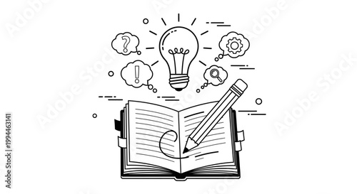 Book displaying an open layout with a pencil resting on the pages while a glowing lightbulb icon floats above surrounded by small thought bubbles representing creative ideas and educational concepts.