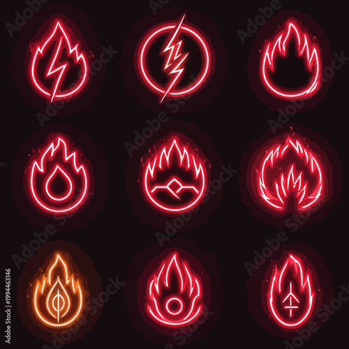 Vibrant Neon Fire and Energy Symbols Elegant Luminous Vector Icon Collection
