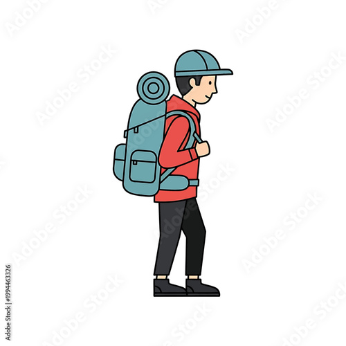 Male hiker character carrying a large backpack vector illustration