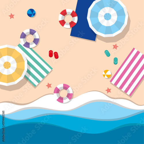 Beach scene with colorful umbrellas towels and beach balls on sandy shore by wavy ocean water with starfish and flip flops scattered around casually