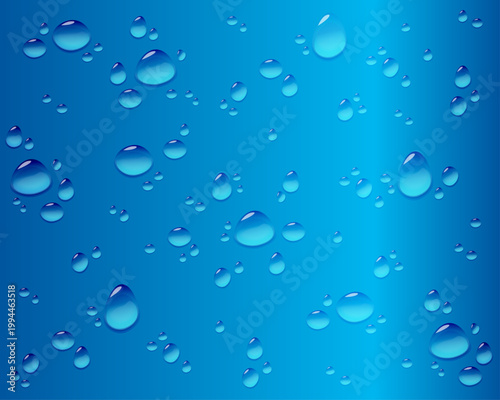 Water droplets on blue background with gradient effect and shiny transparent beads of various sizes floating freely in clear liquid with reflective surfaces everywhere