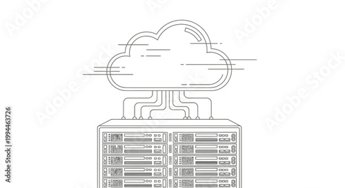 Server rack connected to a cloud computing icon represents the modern infrastructure for data storage and digital networking systems that facilitate reliable information management for global.