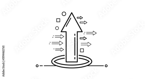 Arrow pointing upward from a circular base signifies business growth and rising performance metrics as multiple smaller indicators demonstrate continuous progress in a competitive corporate market.