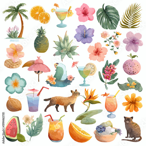 Tropical Summer Vibes Hawaiian Flora, Fruits, and Beach Elements