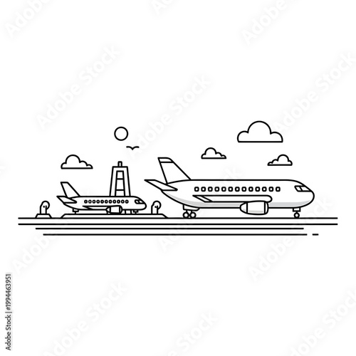 Airport runway with commercial airplanes and control tower line art