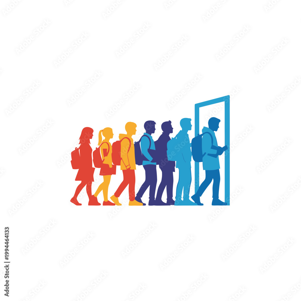 Fototapeta premium Colorful silhouettes of students with backpacks entering a doorway