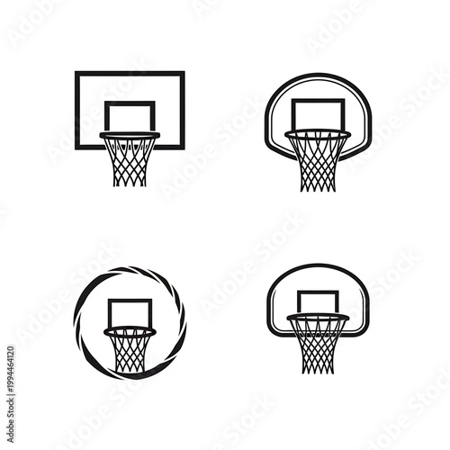 Basketball hoop and backboard vector icon set in black and white