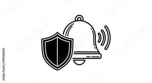 Bell with a protective shield icon illustrates a digital security notification system designed to keep user data safe and secure from unauthorized access attempts in a modern cyber environment.