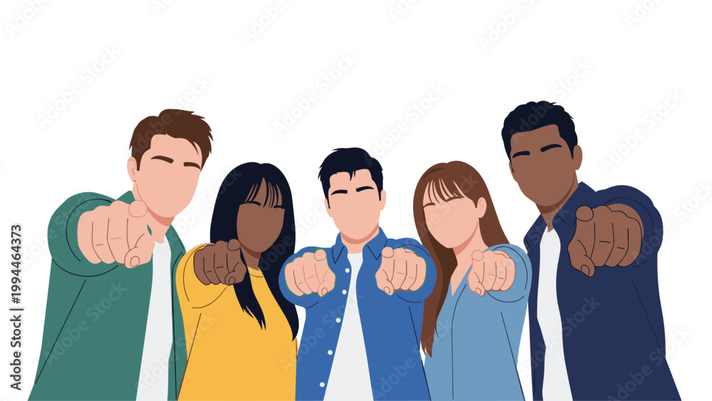 Fototapeta premium Group of diverse people pointing their fingers directly at the viewer representing choice selection or recruitment call illustration.