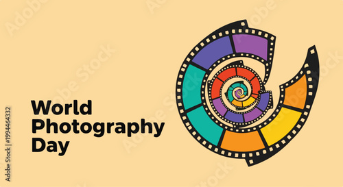 Celebrating World Photography Day with a colorful spiral camera illustration on a beige background