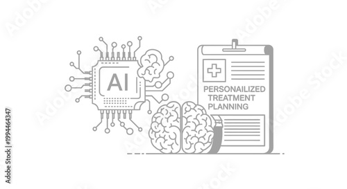 Brain illustration appears beside a microchip and a personalized medical treatment plan document to demonstrate the integration of artificial intelligence in neurological healthcare and patient.