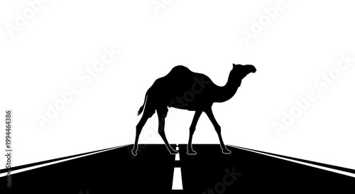 Minimalist Camel Silhouette Crossing Asphalt Road Vector Graphic