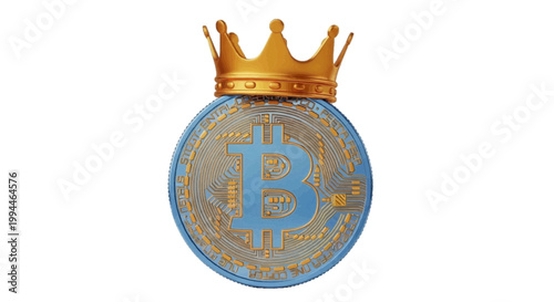 Vector illustration of bitcoin cryptocurrency coin with a golden crown on a transparent background