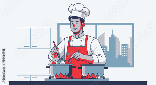 Chef cooking in kitchen with cityscape background vector illustration