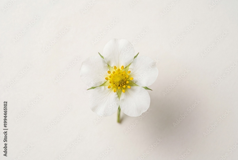 Obraz premium Serene white potentilla flower with yellow center on white surface