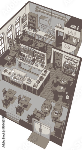 Isometric illustration of a cafe interior with kitchen and seating area