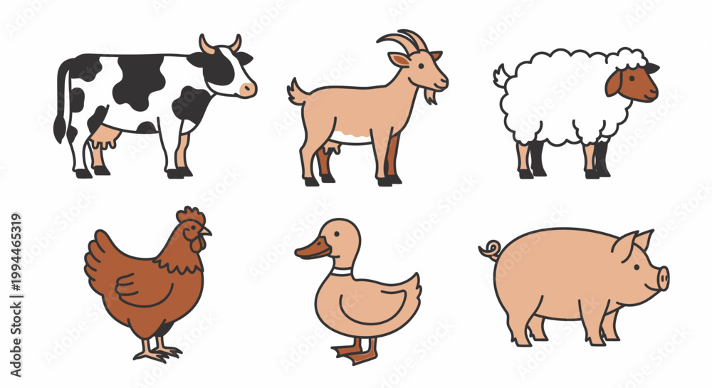 Fototapeta premium Cartoon farm animals illustration set isolated on white background