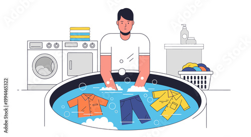 Man washing clothes in a tub with detergent bubbles flat illustration