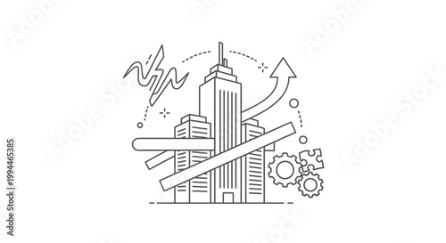 Skyscrapers represent corporate growth and urban development as gear mechanisms symbolize the industrial efficiency and operational success required for modern business expansion in a competitive.