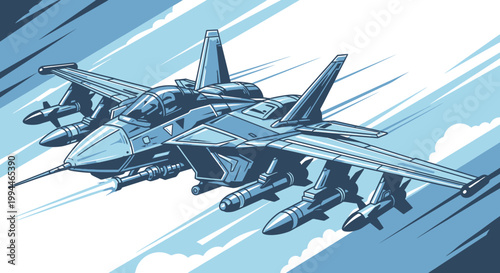 Modern jet fighter in flight against a cloudy sky vector illustration