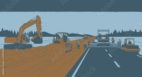 Road construction scene with heavy machinery and workers under cloudy sky